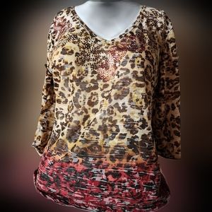 SPARTELLE Petite Embelleshed Animal Print Sheer Long Sleeve Top
